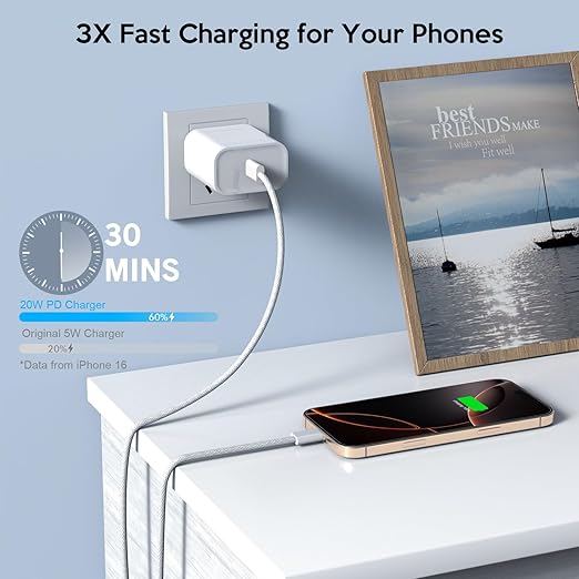 iPhone 17 16 Charger Fast Charging,20W Fast USB C Charger Block 3Pack USBC Type C Fast Charging 6FT Woven Charge Cable for Apple iPhone Air/17 Pro Max/16e/16 ProMax/16Plus/15 Pro/iPad Pro/Air/AirPods