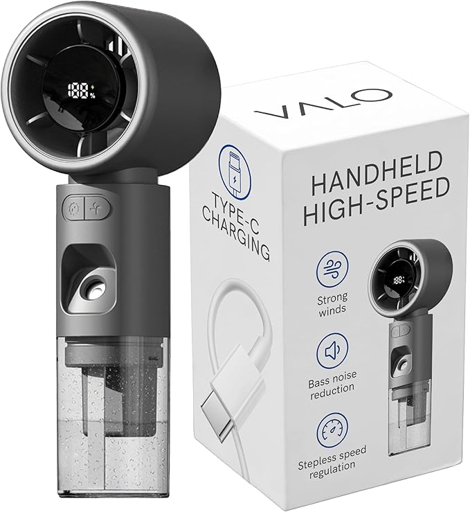 ValoInv Valo Portable Rechargeable Fan - Mini Cooling Fan for Travel, USB Desk Personal Fan with 100 Speeds, Water Cooling Technology, 50ml Tank, Quiet Operation, 2,000 mAh Battery - Titanium Gray