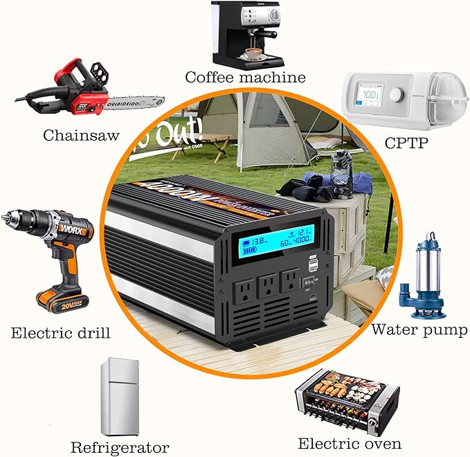 JARXIOKE 4000 Watt Power Inverter 12V DC to 110V 120V Converter for Family RV Off Grid Solar System Car with Type-C Ports 3 AC Power Outlets Dual USB Ports LCD Display Wireless Remote Control