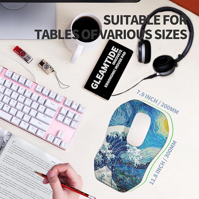 Gleamtide Ergonomic Raised Mouse Pad Wrist Support with Bilateral Slope Memory Foam Mousepad for Wrist Rest and Carpal Tunnel Pain Relief 11.8x7.9〃Starry Night Waves