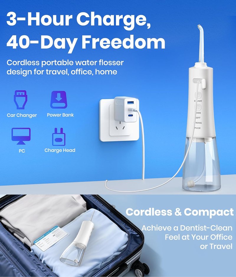 Portable Water Flosser - 300ML Cordless Electric Dental Irrigator for Deep Cleaning | IPX7 Waterproof, Ideal for Travel & Braces (White)