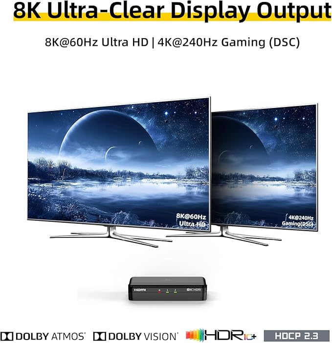 8K HDMI Splitter 1 in 2 Out (Mirror Only) – HDMI 2.1 8K@60Hz, 4K@240Hz DSC, 48Gbps, HDCP 2.3, EDID, Auto Downscaling, Duplicate Screens for Dual Monitors, TV, PS5, Xbox