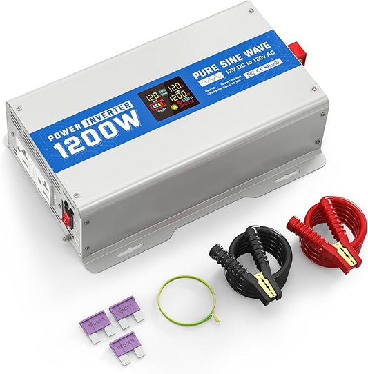 ASMONTRIC 1200W Pure Sine Wave Power Inverter 12V DC to 120V AC Converter 2400 Watt Peak Power Multi-Display Screen with 2 GFCI Outlet 30W USB and 18W Type-C for Car RV Truck Boat Off-Grid, Gray Blue