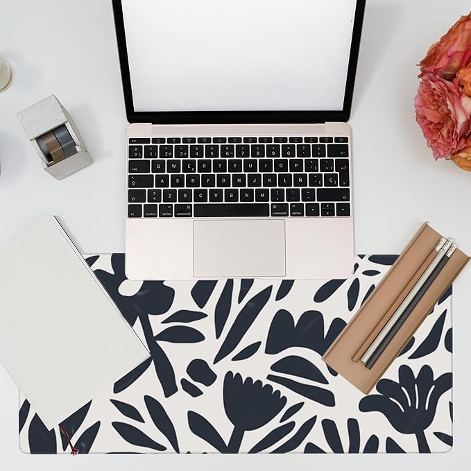 Eflxamz Desk Pad,Hand Drawn Leaves and Flowers Desk Mat,Abstract Plant Large Gaming Mouse Pad for Desk,Extended Big Computer Keyboard Mouse Pad with Non-Slip Base and Stitched Edge,35.4"x15.7"