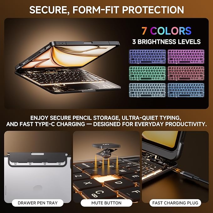 Tiaota Transparent Case with Keyboard for iPad Pro 11-inch (M5/M4, 2025/2024),with 7-Color Backlit Wireless Keyboard, 360°Rotatable Protective Case Multi-Touch Trackpad,with Shortcuts,Black