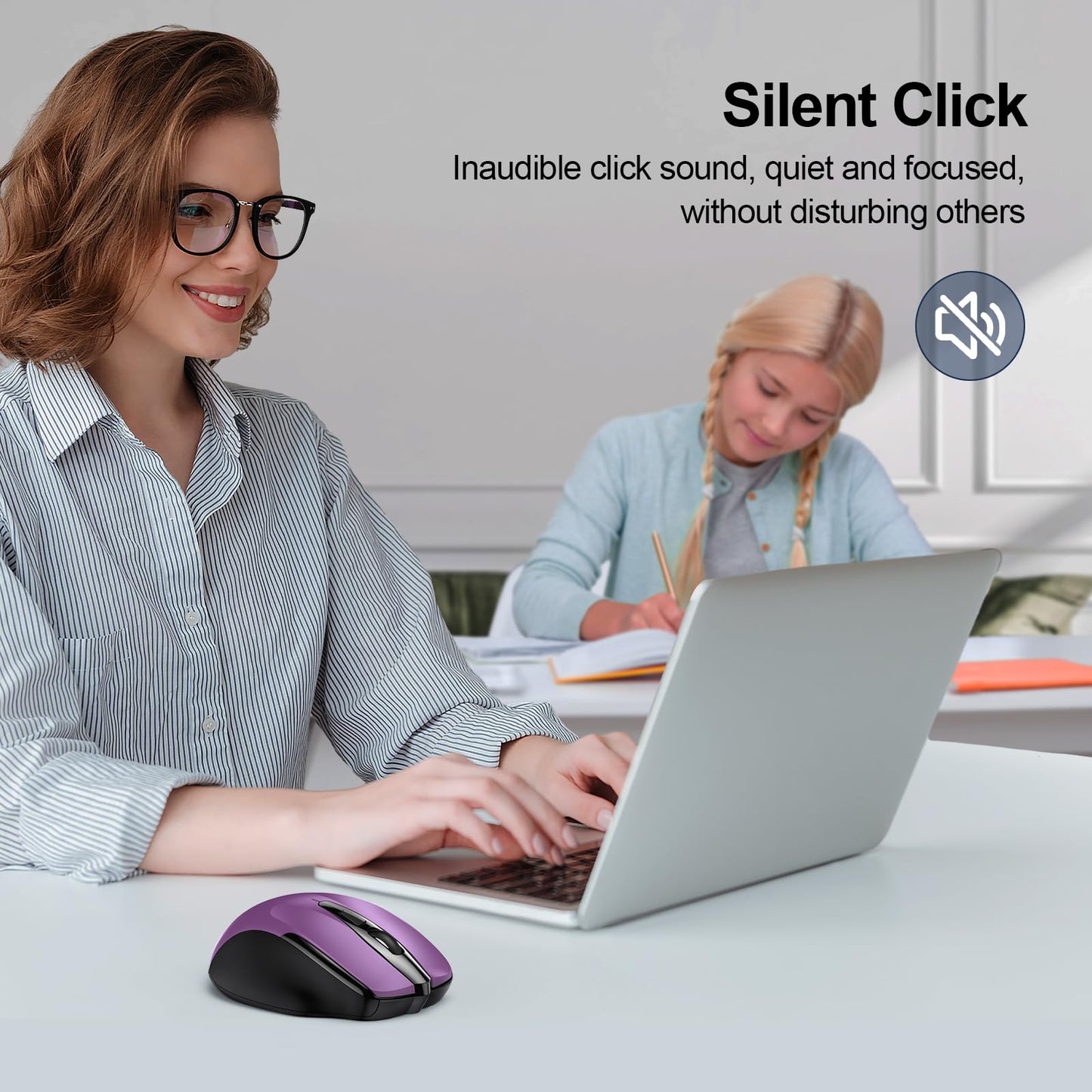 TECKNET Wireless Mouse (2.4G & BT5.0/3.0) Silent 4800 DPI Computer USB A & Bluetooth Mouse 6 Buttons, Wide Compatibility - Purple