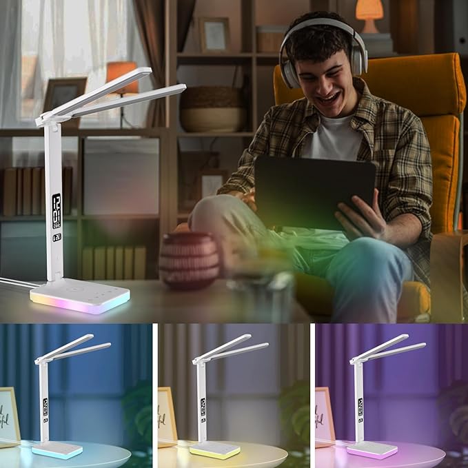 oviouit LED Desk Lamp with Charger, USB Charging Port, Dual Swing Arm Desk Light with 5 Brightness, 3 Colors, Table Lamp with Clock, Alarm, Date, Temperature, Desk Lamp for Home Office Study (White)