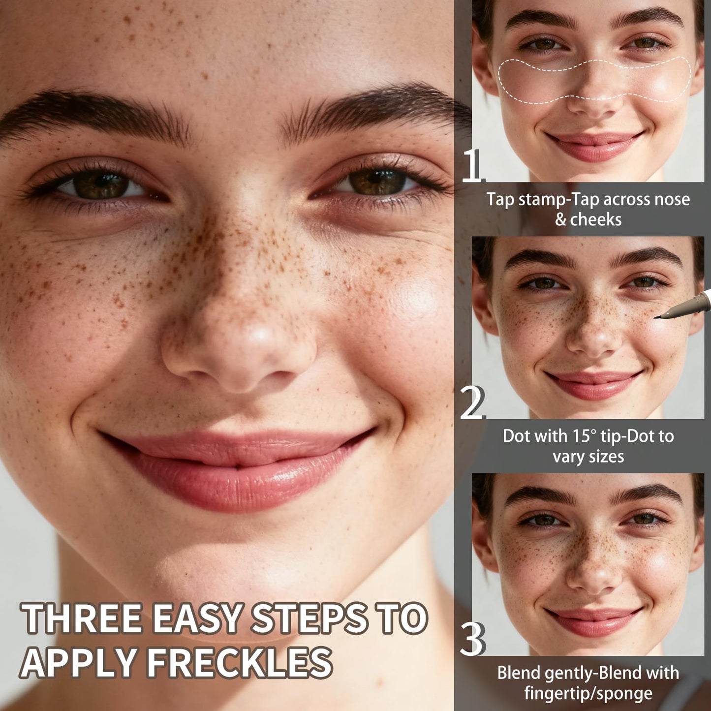 UCANBE 2PCS Dual-Ended Freckle Pen & Freckle Stamp - Precise 15° Curved Tip Makeup Waterproof & Smudge Proof, Long Lasting Faux Freckles Pencils (01 Light Brown+03 Chestnut)