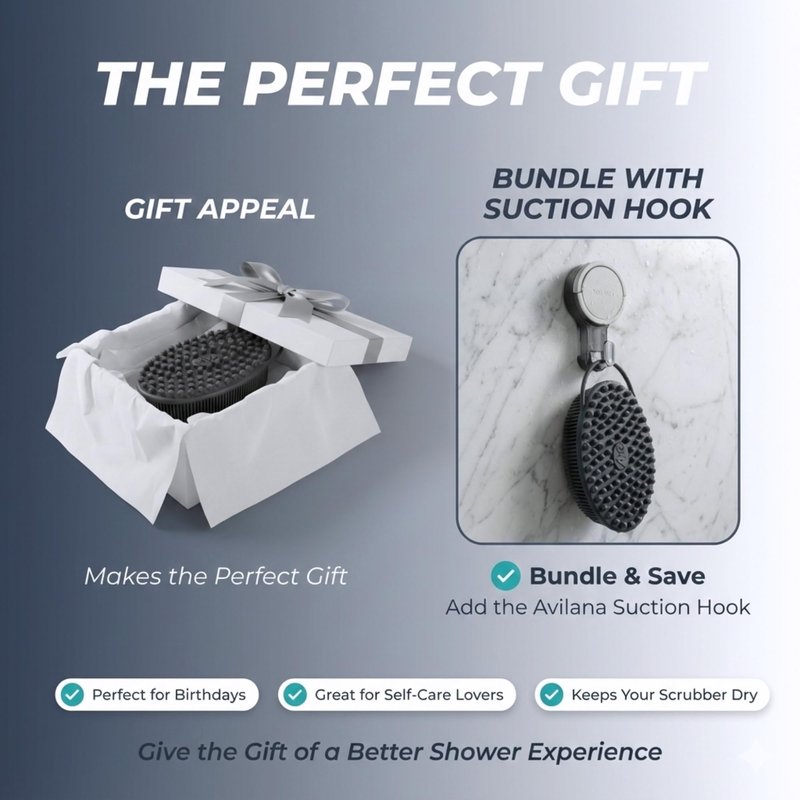 Avilana Silver Edition Body Scrubber and Face Brush Set - Silver-Ion Infused Silicone 2-in-1 Kit, ISO Tested Both Pieces, Stays Fresher Longer Gentle Exfoliating Sensitive Skin Women Men Gift Skincare