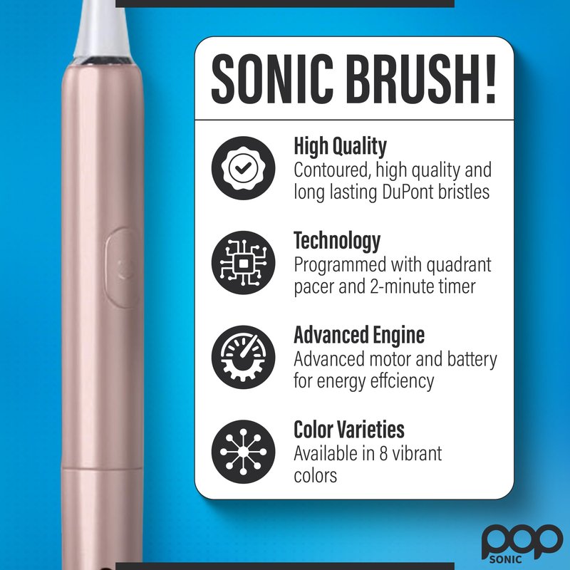Pop Sonic Electric Toothbrush – Electric Toothbrush for Adults – Bathroom Essentials & Travel Essentials – Dupont Nylon Bristles –18000-24000 Strokes/Min w/AAA Battery – 2 Speed – Go Plus (Rose Gold)