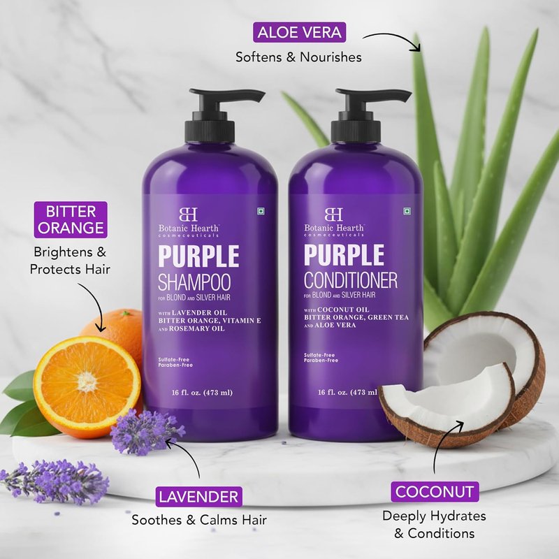 Botanic Hearth Purple Shampoo & Conditioner Set - Enhances Blonde, Silver & Gray Hair | Sulfate & Paraben Free, 16 Fl Oz Each