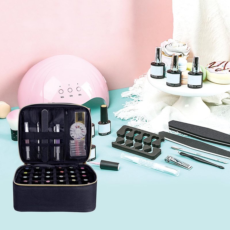 UOZL Nail Polish Organizer, Handheld Double Layer Organizer Holds 30 Bottles (15 ml/0.5 floz) with Adjustable Dividers for Nail Polish Small Manicure Lamp Manicure Tools Essential and Travel,Black