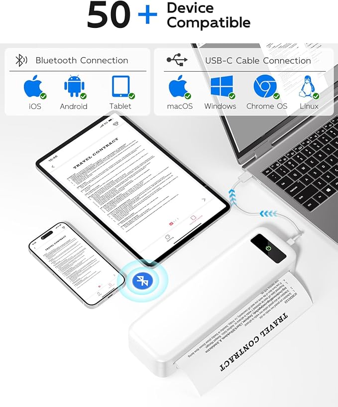 Portable Printers Wireless for Travel, A285M Bluetooth Inkless Thermal Printer, Support 8.5" X 11" US Letter & A4, Small Mobile Printer with Carry Case and 4 Rolls Thermal Paper, for Home Car Receipt
