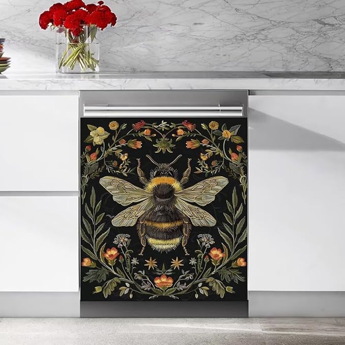 Flower and Bee Painting Dishwasher Magnetic Cover Sticker Refrigerator Fridge Magnet Panel Decal Magnets Home Kitchen Fridge Front Door Cover 23W x 26H inchs