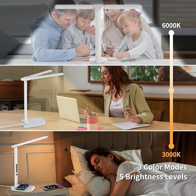 oviouit LED Desk Lamp with Charger, USB Charging Port, Dual Swing Arm Desk Light with 5 Brightness, 3 Colors, Table Lamp with Clock, Alarm, Date, Temperature, Desk Lamp for Home Office Study (White)