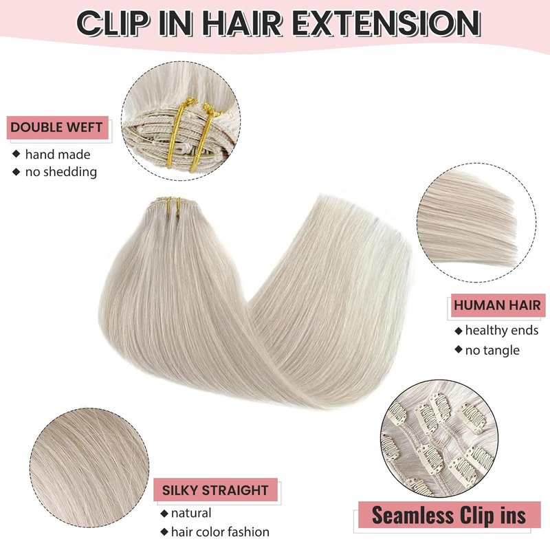 Real Human Hair Clip-In Extensions - Ice White Remy, 18 Inch, 7 Pieces, 70G