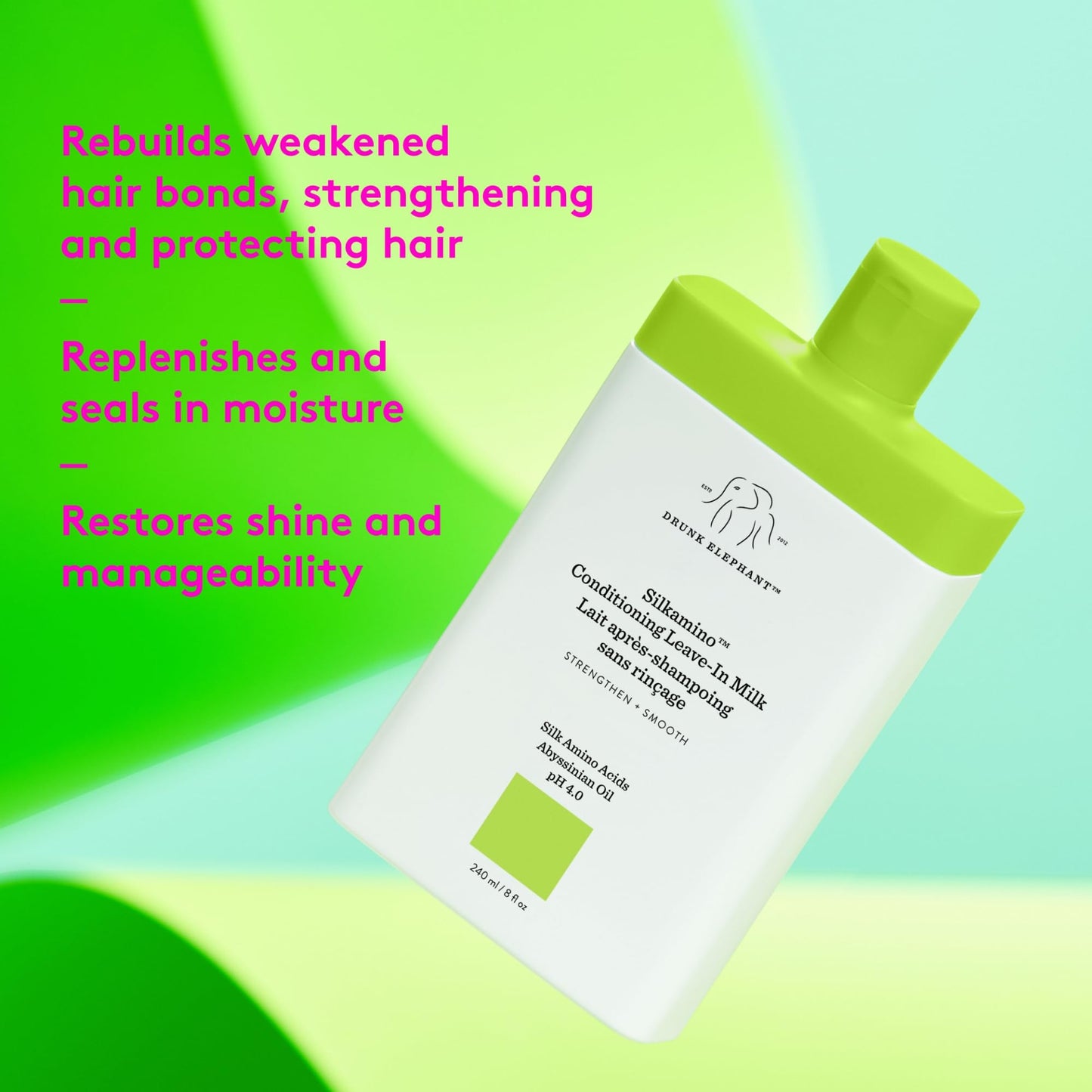 Drunk Elephant Silkamino Conditioning Leave-In Milk - 240 ml/8 fl oz - Silk Amino Acids - Clean Clinical - Cruelty-Free - Dermatologist-Tested - Free of Essential Oils, Silicones, and SLS
