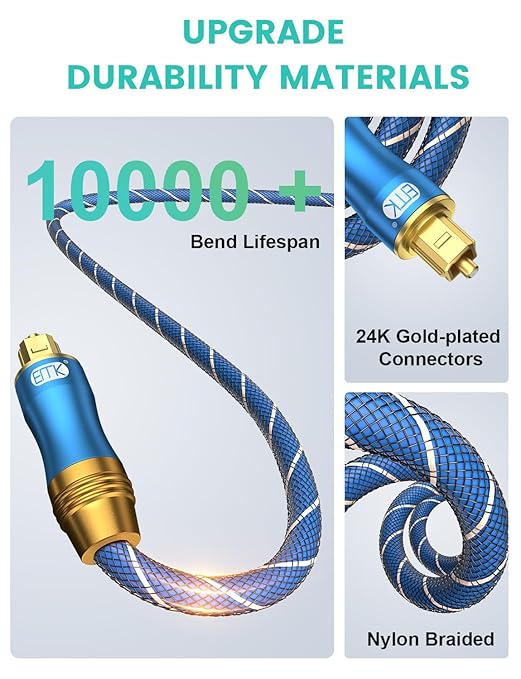 EMK Digital Optical Audio Cable 49Feet/15M Fiber Optical Toslink Cable SPDIF Audio Cable Male to Male Cord for Home Theater, Sound Bar, TV, PS4, Xbox, PlayStation & More
