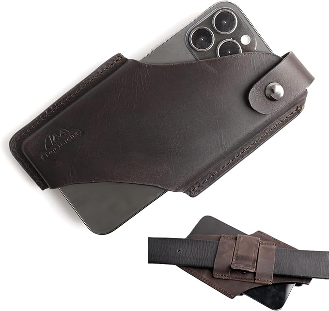 Topstache Belt Clip Leather Cell Phone Holster for iPhone 17/17 Pro/16/16 Pro, Galaxy S25/S24/S23 - Cell Phone Holder for Belt - Magnetic Closure Leather Holster Case Pouch, M,Dark Brown