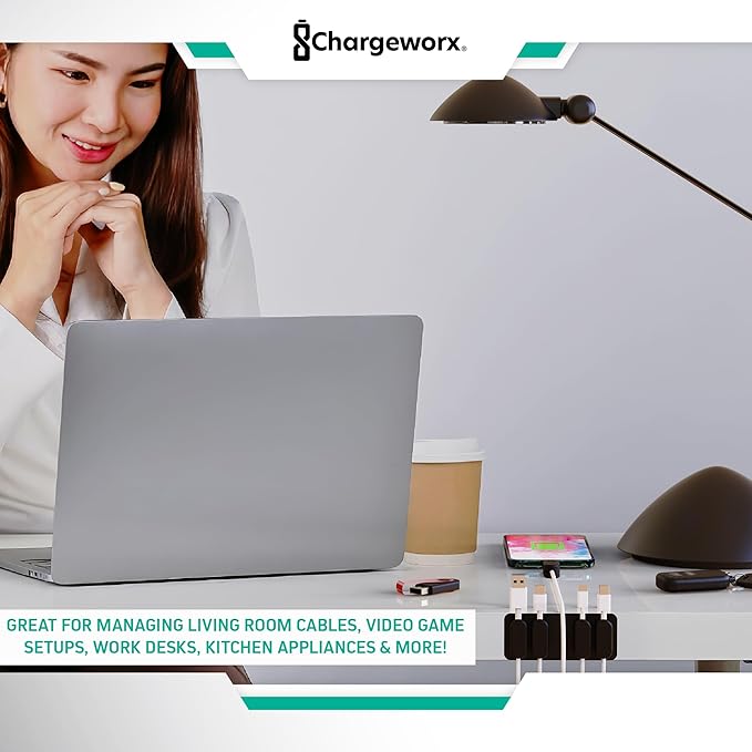 CHARGEWORX Pack of 5 Magnetic Cable Clips, Adhesive Cord Organizer for Desk, Nightstand, Wall or Car, Wire Holder for USB-C, Lightning and Micro-USB Cables, Black