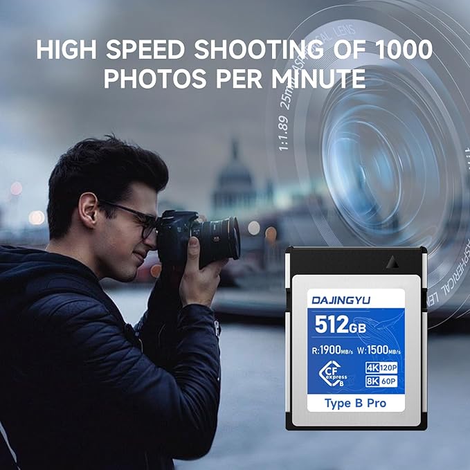 DAJINGYU 512GB CFexpress Type B Memory Card VPG400 Up to 1900/1500 MB/s Read/Write- Shooting Video and Photo in up to 8K RAW Compatible with Nikon Canon panasonic Fujifilm Camera