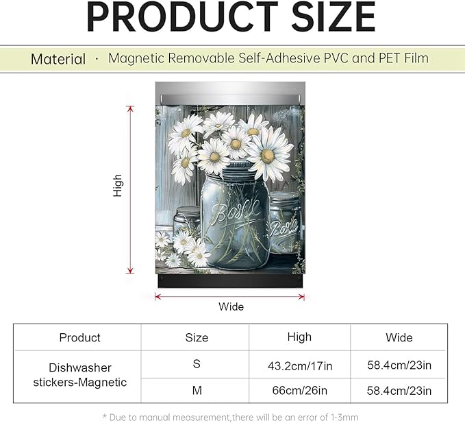 Country Daisies Dishwasher Magnet Cover for The Front, Still Life White Flowers Reusable Magnetic Dishwasher Sticker, Vintage Vase Floral Kitchen Appliances Panel Decal (23" x 26" Magnetic)