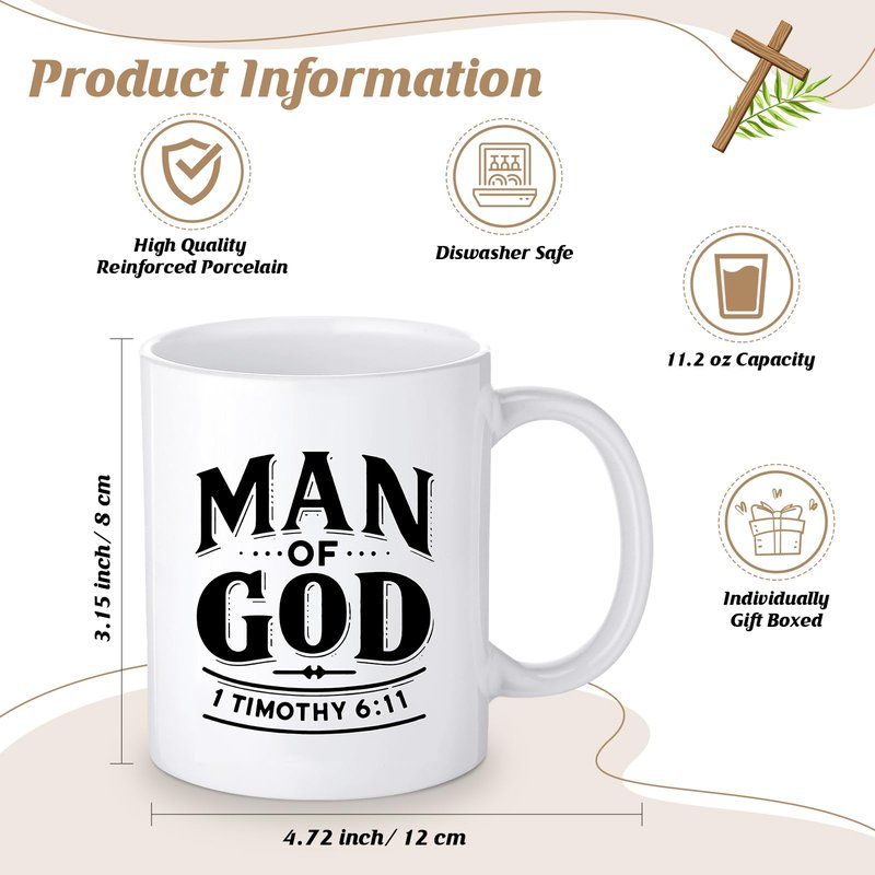 Shinylin 3 Pcs Father's Day Man of God Gifts for Men Christian 11.2oz Inspirational Coffee Mug Religious Bible Verse Leather Toiletry Bag Scripture Keychain for Dad Pastors Church Gift(Classic Color)
