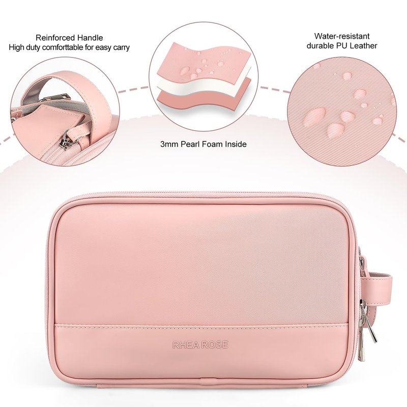 Rhea Rose Toiletry Bag for Women, Makeup Travel Bag Organizer, Large Bathroom Cosmetic bag, Traveling Dopp Kit Accessories Shower Bag, Pink