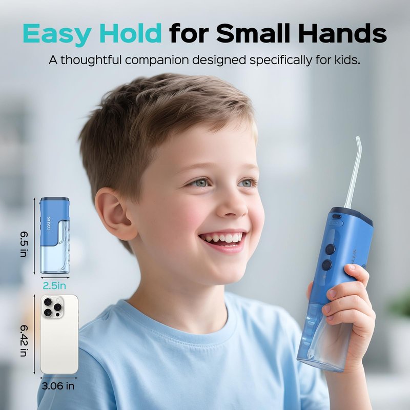 COSLUS T40 Portable Water Flosser for Kids: 4 Gentle Modes for Ages 6+, Braces & Sensitive Teeth - with Fun DIY Stickers, 4 Storable Nozzles, Mini Compact for Home School & Travel, BPA-Free, Blue
