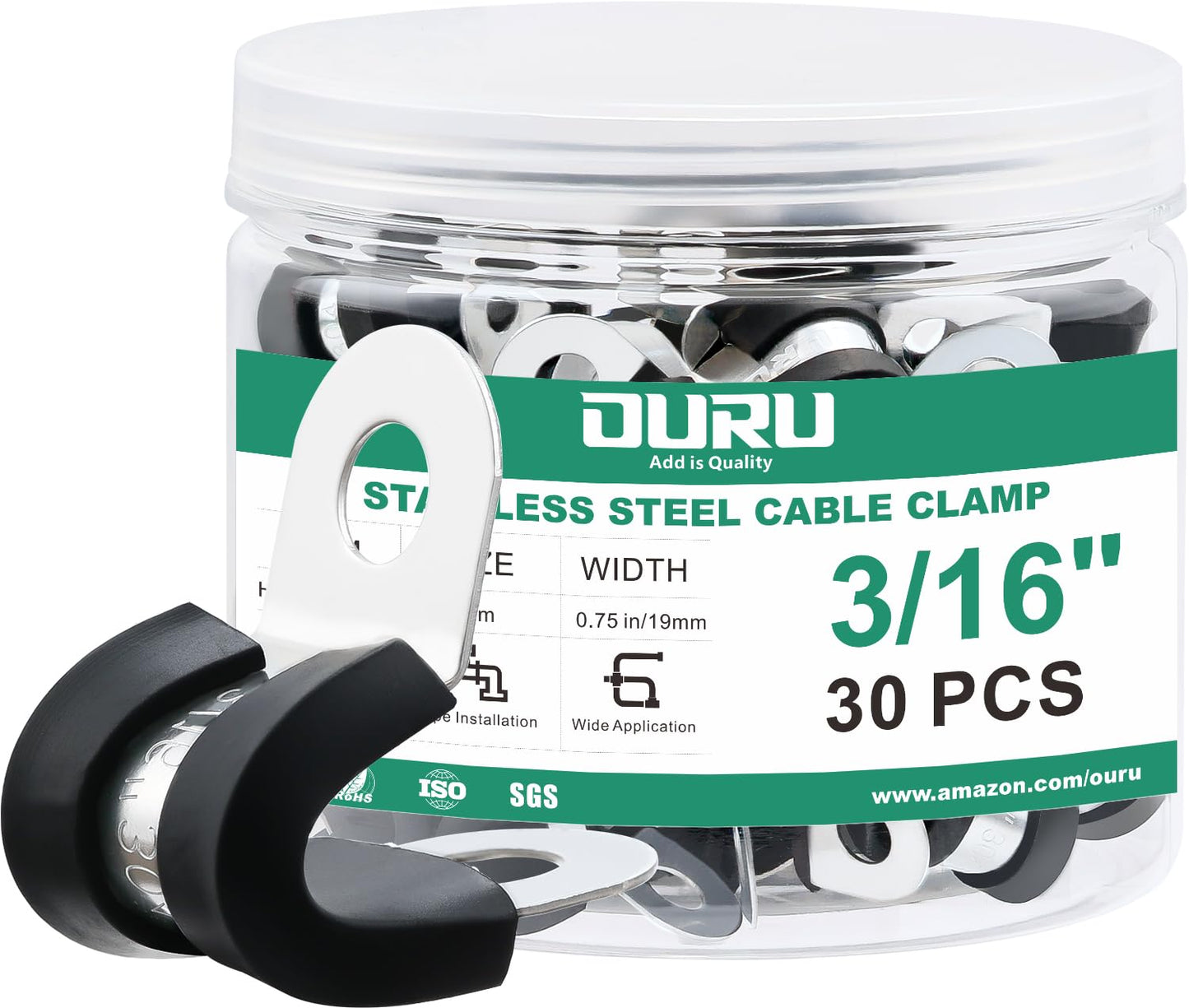 OURU 30pcs 3/16 Inch Cable Clamp,304 Stainless Steel Rubber Coated Cushioned Insulated Cable Clamps-Metal Wire Clamps,Pipe Clamps for Tube,Lines(Black,5mm)
