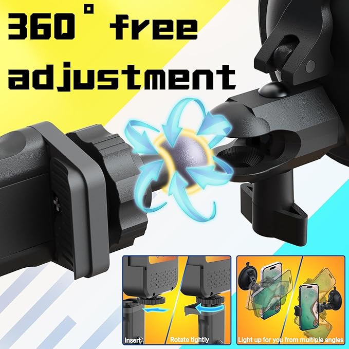 HzTinT Suction Cup Phone Mount with Rechargeable Light, Mirror Phone Holder with Light Shower Bathroom Kitchen, Mirror Tripod for TikTok YouTube Instagram Make Up Pics Video Content Creator