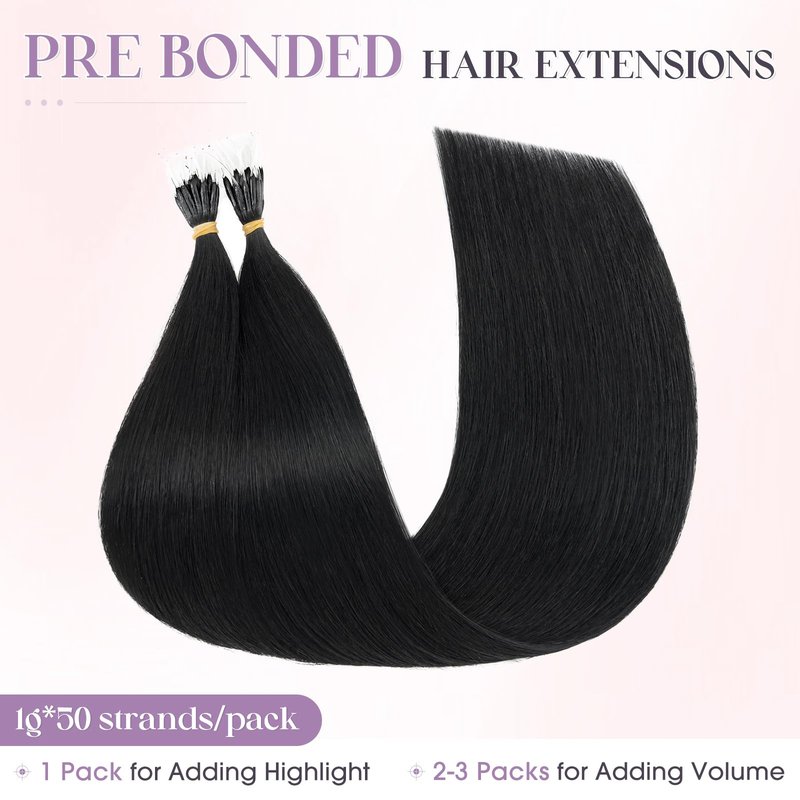 Elailite I Tip Hair Extensions Human Hair Elastic Itip Real Remy Hair Jet Black 22 Inch 50G 50Strands Straight Pre Bonded Keratin Fusion Human Hair Extensions