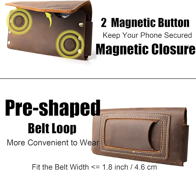 Topstache Leather Phone Holster - Leather Belt Pouch with Card Holder for Galaxy S25/S24 - Magnetic Closure Belt Loop Cell Phone Holder Pouch for iPhone 17/17 Pro/16/16 Pro, L,Darkbrown