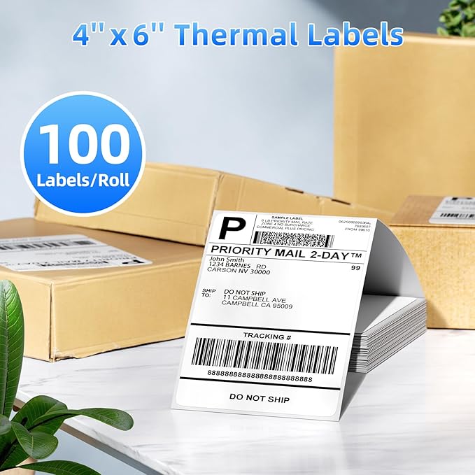 Omezizy 4x6 Thermal Labels, Pack of 100 4x6 Fold Thermal Labels - Compatible with JADENS, ASprink, Phomemo, Rollo, Zebra, Omezizy and Other Thermal Printers