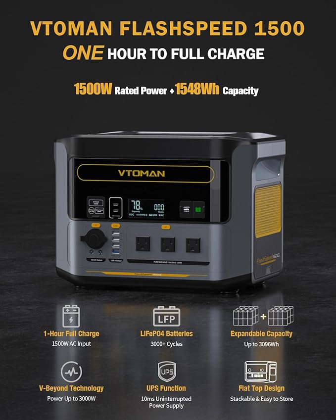 VTOMAN FlashSpeed 1500 Portable Power Station with 200W Pro Solar Panel - 1548Wh/1500W(3000W Peak) Solar Generator with LiFePO4 Battery, 100W USB-C, 60 Min Fast Charging 0-80% for Camping, Emergency