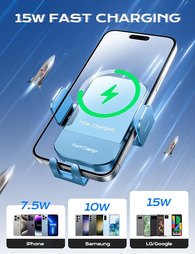CHGeek Wireless Car Charger, 15W Fast Charging Auto Clamping Car Charger Phone Mount Phone Holder fit for iPhone 15 14 13 12 11 Pro Max Xs, Samsung Galaxy S24 Ultra S23 S22 S21, S20, S10+, Cyan