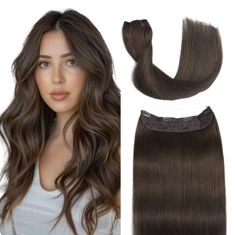 Sindra Wire Hair Extensions Real Human Hair, 4 Medium Brown Invisible Wire Hair Extensions, 14inch 70g Transparent Seamless Fish Line Hairpiece for Women