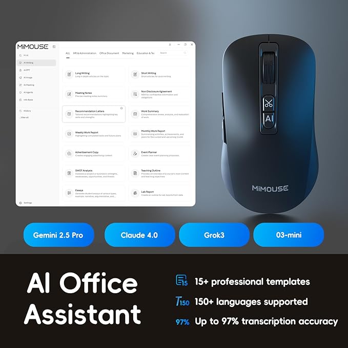 MIMOUSE Wireless AI Mouse Bluetooth Multi-Device Ergonomic Computer Mice for Laptop Mac USB C Rechargeable Smart Mouse with Voice Typing Audio Recorder for Office Study Women Desktop Accessories