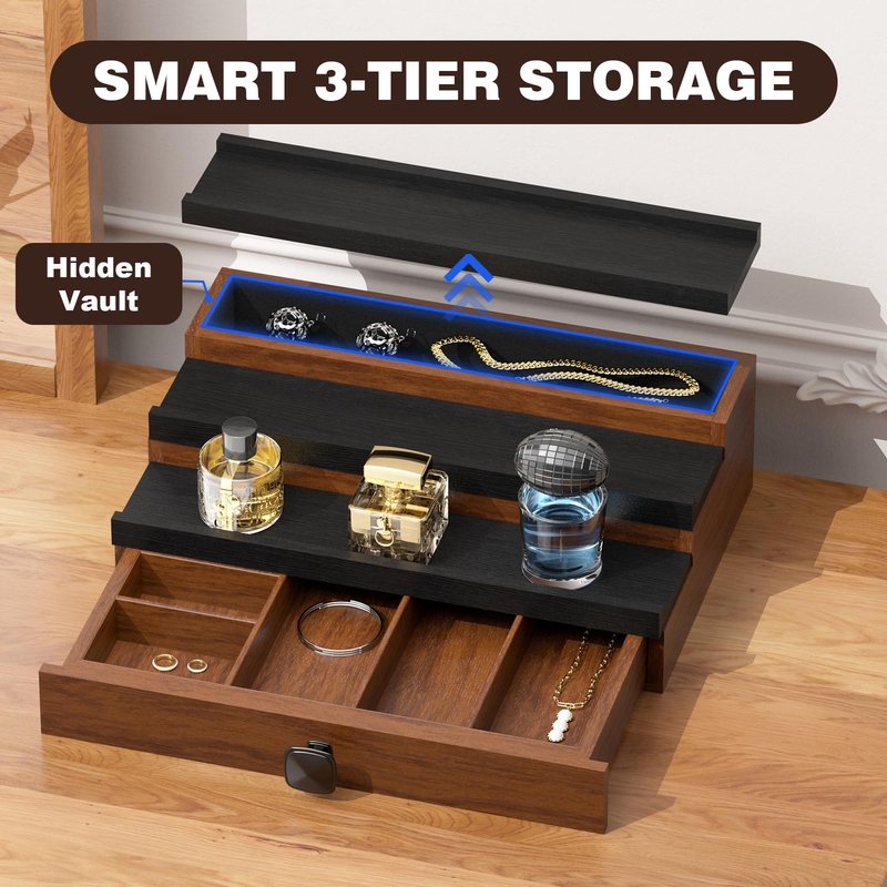 TIRYIUOU Cologne Organizer for Men: with Hidden Vault & Drawer, 3 Tier Wooden Cologne Stand Desktop Perfume Display Shelf, Bedroom Dresser Makeup Lotion Jewelry Storage Organizer ﻿