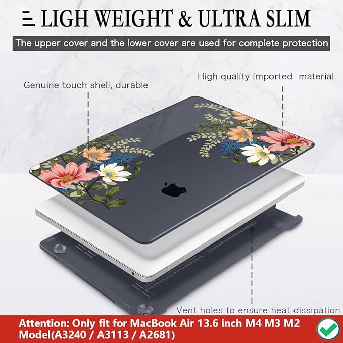 CISSOOK Compatible with MacBook Air 13.6 Inch Case 2026 2025 2024 2023 2022, Plastic Hard Shell Case with Keyboard Cover for MacBook Air 13.6 M2 M3 M4 M5 Chip A2681 A3113 A3240 A3449, Retro Flower