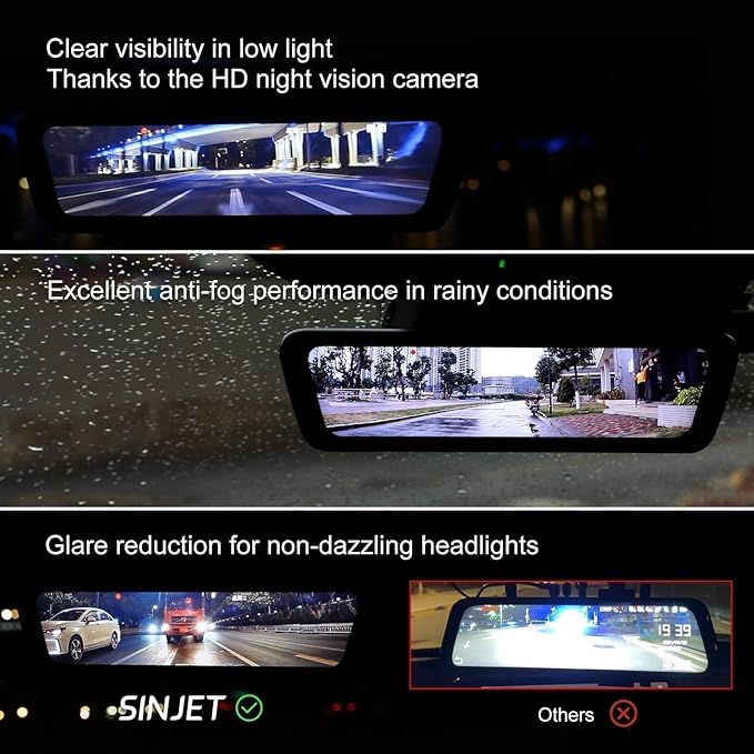 Sinjet 9.66" OEM Rear View Mirror Camera, 2K Dash Cam Front and Rear, IPS Display, Touch Screen Rearview Mirror Backup Camera, Night Vision, Parking Monitor, 32GB SD Card for Trucks, Vans, SUVs