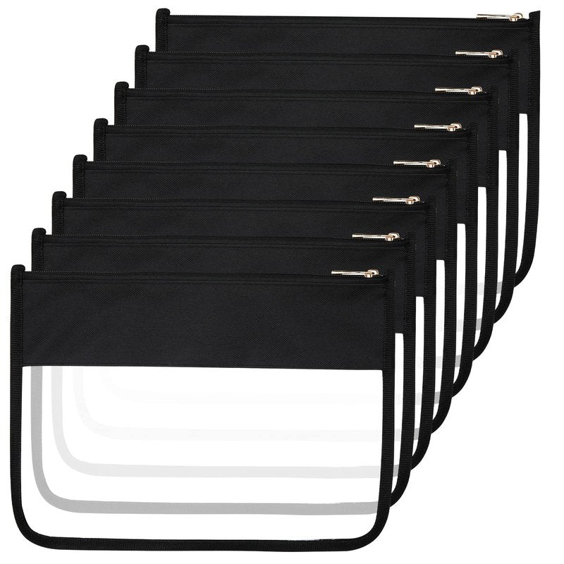 Teling 8 Pieces Clear Makeup Bags DIY Chenille Letter Pouch Clear Zipper Pouches Travel PVC Oxford Cloth Cosmetic Portable Waterproof Makeup Storage Bag Toiletry Snack Organizer for Women Girls, Black