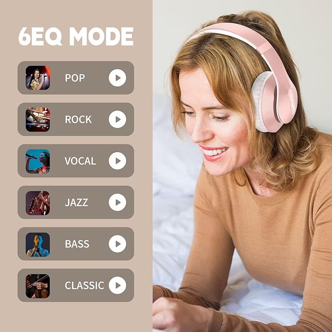 Glynzak Wireless Bluetooth Headphones Over Ear 65H Playtime HiFi Stereo Headset with Microphone and 6EQ Modes Foldable Bluetooth V6.0 Headphones for Travel Smartphone Computer Laptop Rose Gold