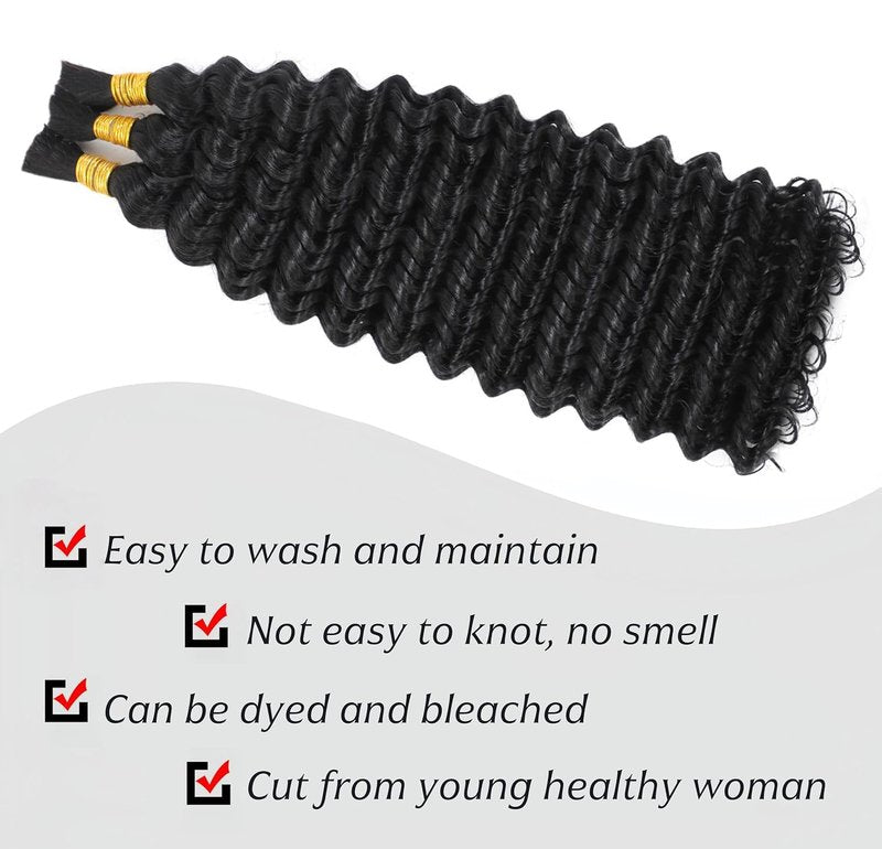 Human Braiding Hair - 16 Inch Deep Wave Bulk Extensions for Boho Braids | 100% Virgin, Knotless, Natural Color, 3 Bundles
