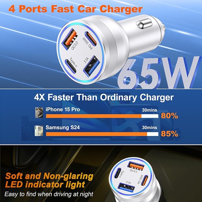 [2-Pack] Car Charger USB C, 4 in 1 65W Fast Charging 4-Port Dual USBC & USB A Car Phone Charger Cargador Carro Lighter Adapter for iPhone 17 16 15 14 13 12 Pro Max, iPad, Samsung,Tablet, Android
