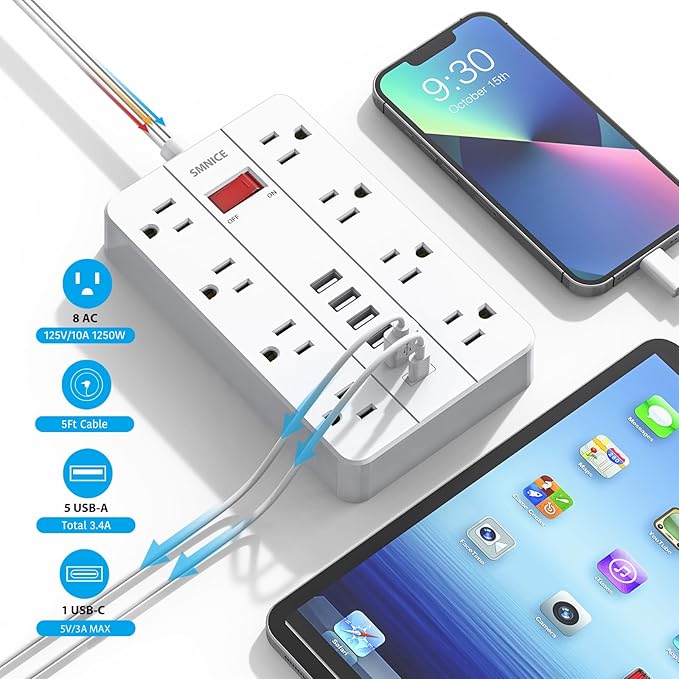 SMNICE Power Strip with USB, Power Strip Flat Plug with 8 Widely Spaced Outlets and 6 USB Ports(1 USB C), 5ft Extension Cord Wall Mountable Phone Tablet Laptop Computer Multiple Devices