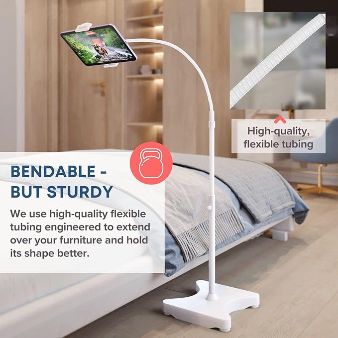 LEVO Adjustable Height Floor Stand for Tablet & Phone - White Without Casters - Gooseneck Holder Mount with Stable Base - Compatible with All Cell Phones & Tablets (4-13 inch)