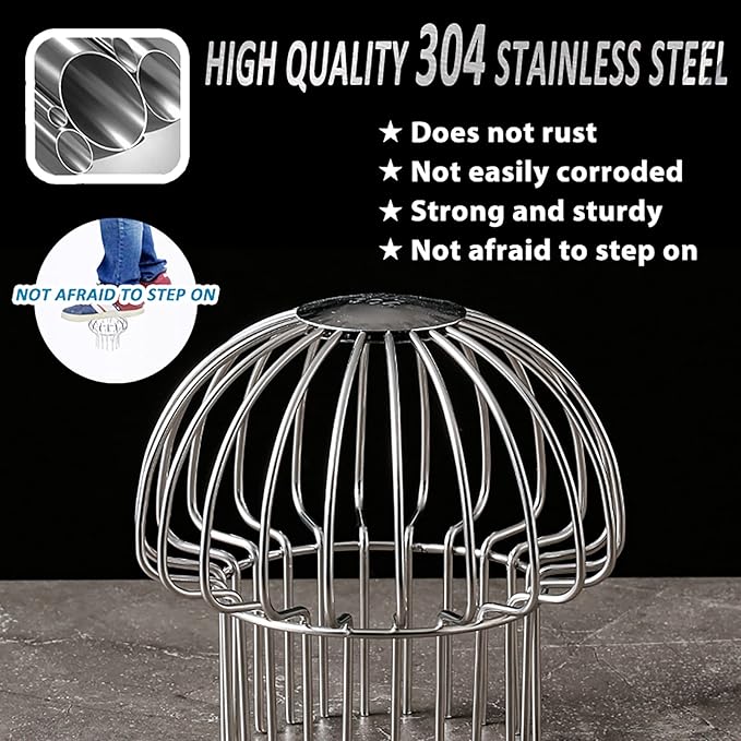Gutter Guard 304 Stainless Steel Outdoor Roof Drain Anti-Blocking Line Cap, Mushroom Type Drainage Gutter Guard Filter, Gutter Cleaning Tool, for Stops Leaves Seeds and Other Debris,3in