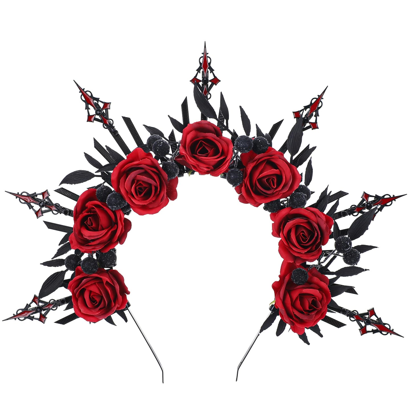 COSUCOS Black Red Rose Headband - Zip Tie Cross Spiked Halo Crown Renfaire Fantasy Floral Headpiece Sunburst Evil Gothic Headband for Women Renaissance Cosplay Costume Halloween Party