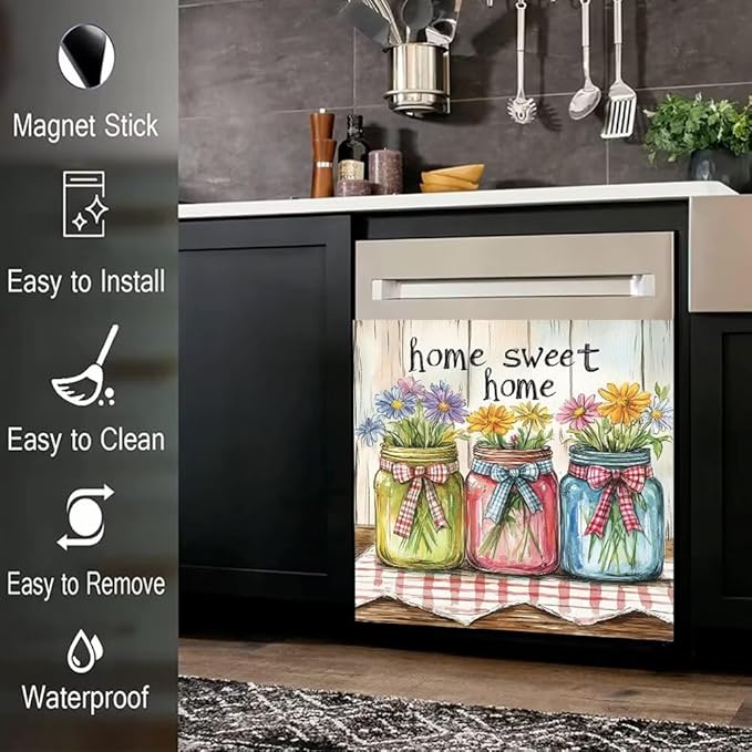 Home Sweet Home Kitchen Decor Dishwasher Magnet Cover Decal, Mason Jar Floral Farm Style Magnetic Dish Washer Panel Door Vinyl Sticker, Refrigerator Magnets,Easy to Clean, 23 x 26 inch